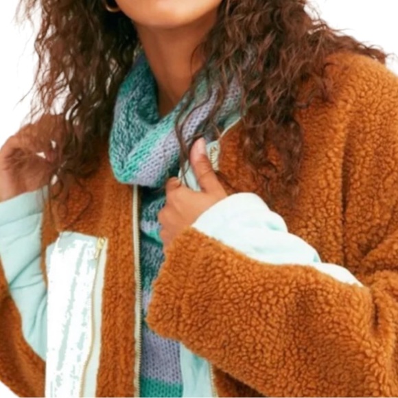 $168 Free People Teddy Bear Jacket Medium 8 10 Amber + Blue Blade Collar Pockets - Picture 6 of 16